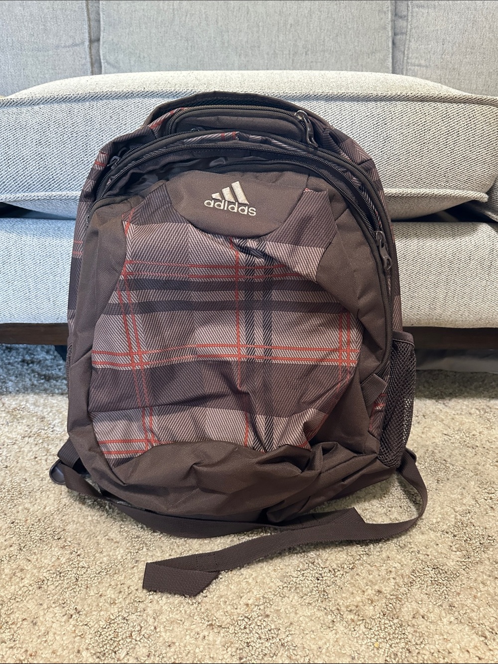 adidas Brown Backpack with Red and Gray Plaid Accents